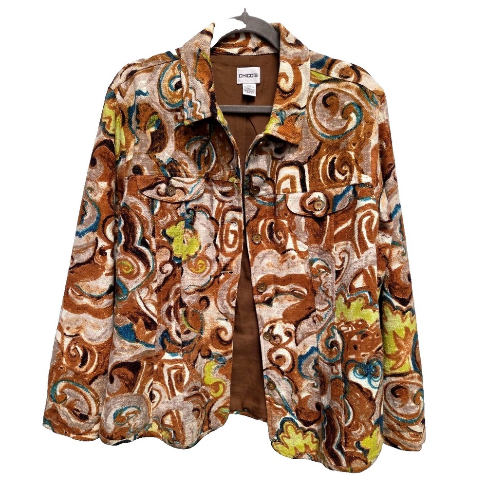 Chicos Jacket Womens 3 (16) Brown Beige Graphic Swirls Button Up Lined Boho Chic